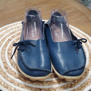 Kunsto Womens Leather Loafers Flats Slip On Pebbled Navy Size 43
